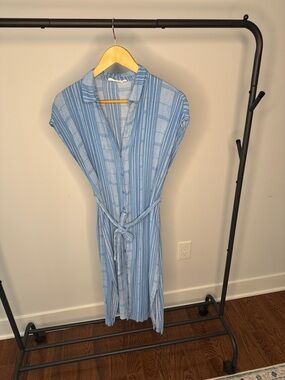 Lush Light Blue Striped Midi Dress with Waist Tie